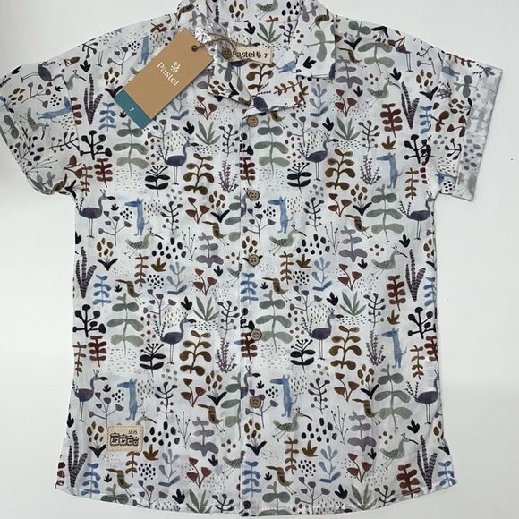 pastel 2 pc set short pant with raw edge cuff/collared CA shirt sz  7 kids New - Picture 3 of 14